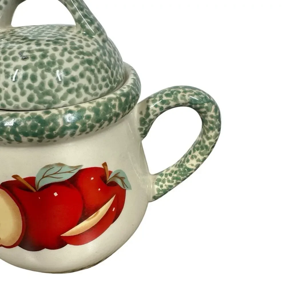 Vtg Country Farmhouse 80s 90s Ceramic Red Apple Design Teapot Sponge Paint 7.5